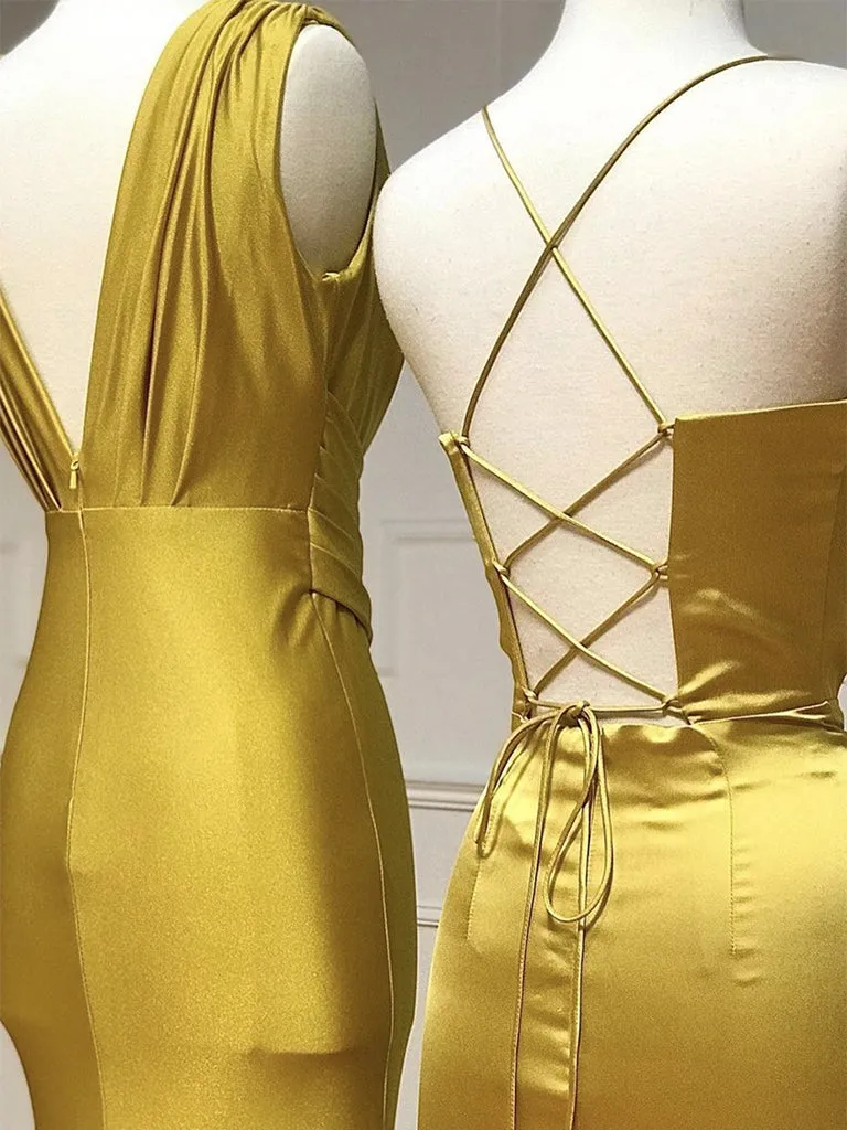 Simple Satin Gold Long Prom Dress, Gold Satin Long Formal Dress