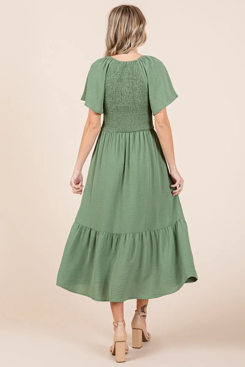 Smocked V Neck Flutter Sleeve Tiered Midi Dress