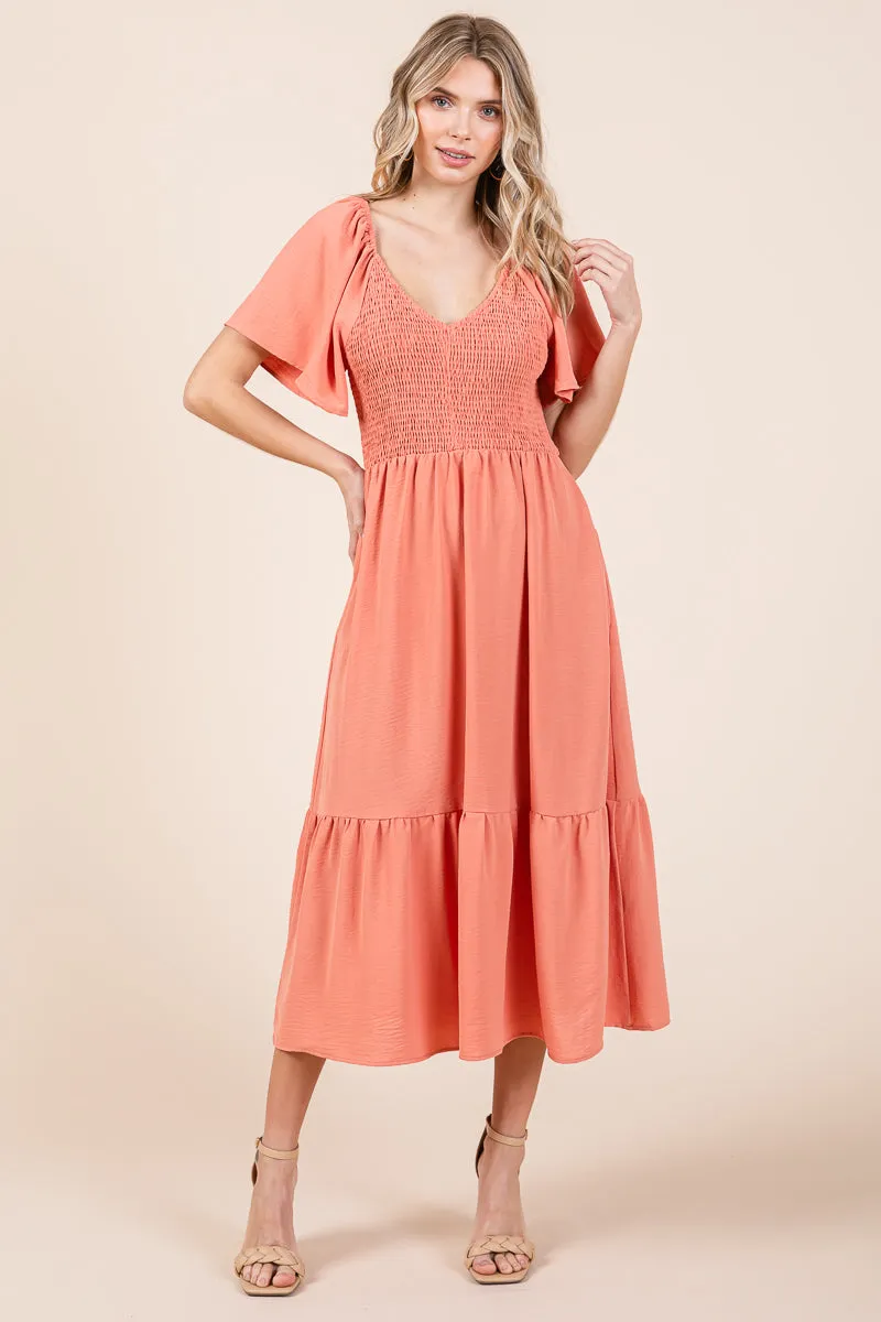 Smocked V Neck Flutter Sleeve Tiered Midi Dress