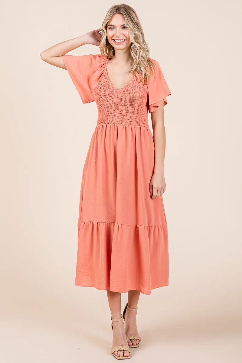 Smocked V Neck Flutter Sleeve Tiered Midi Dress