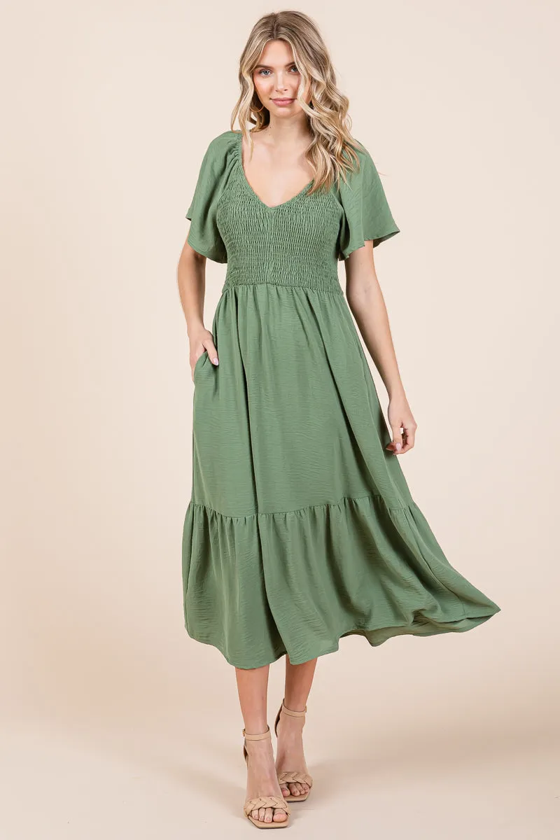 Smocked V Neck Flutter Sleeve Tiered Midi Dress