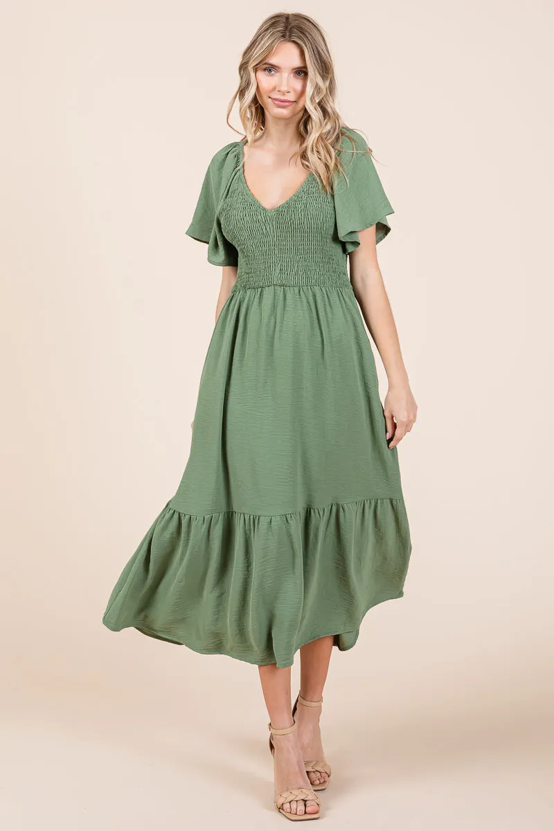 Smocked V Neck Flutter Sleeve Tiered Midi Dress