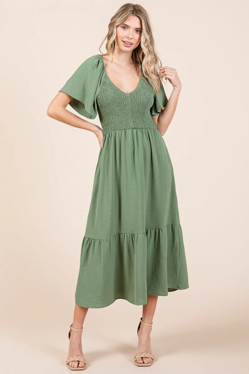 Smocked V Neck Flutter Sleeve Tiered Midi Dress