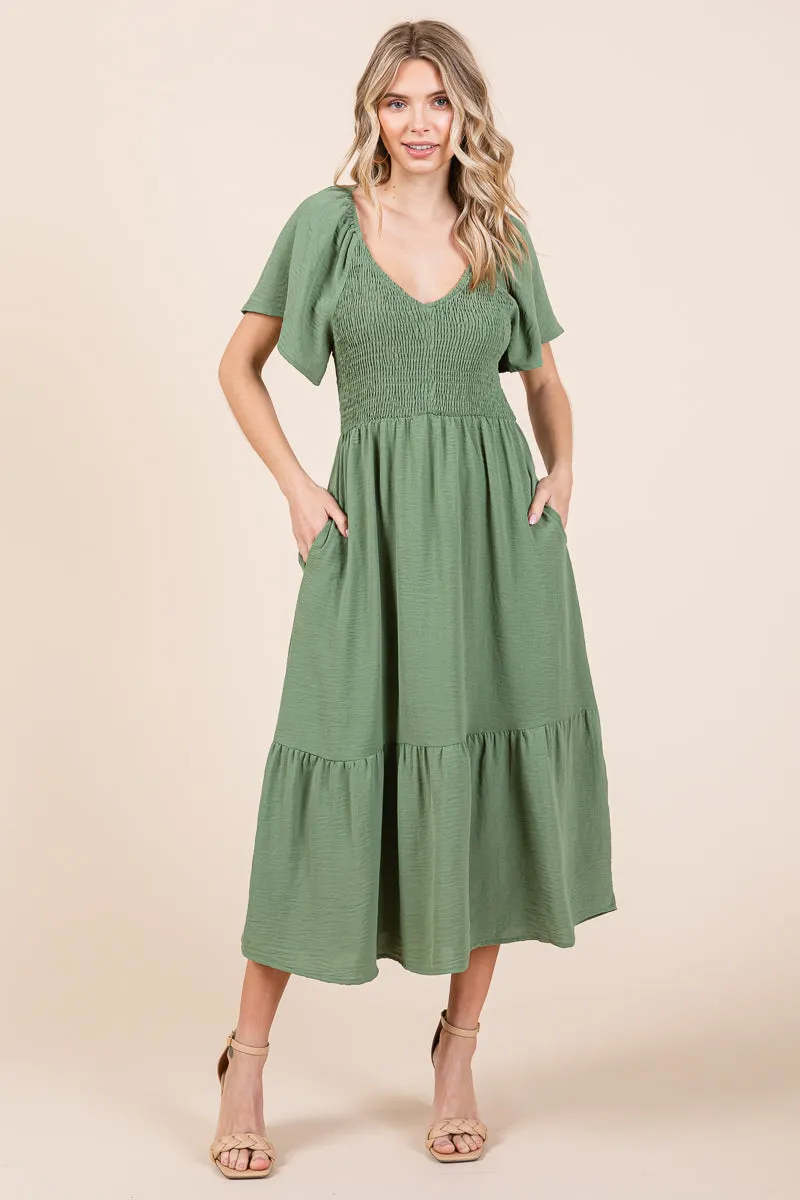 Smocked V Neck Flutter Sleeve Tiered Midi Dress