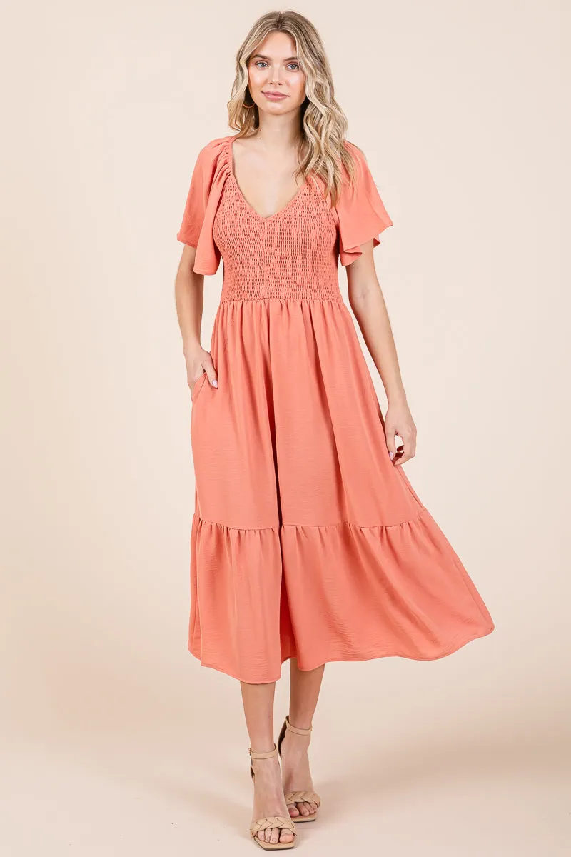 Smocked V Neck Flutter Sleeve Tiered Midi Dress