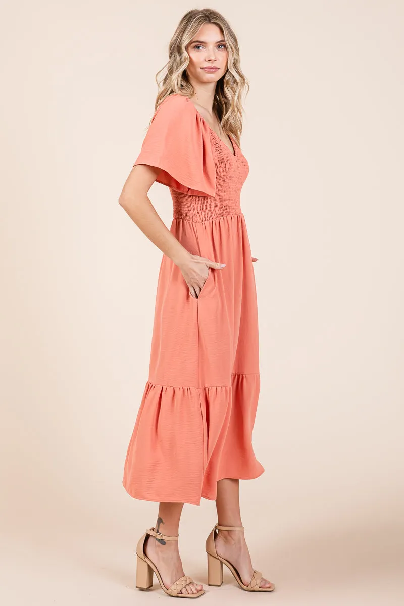 Smocked V Neck Flutter Sleeve Tiered Midi Dress