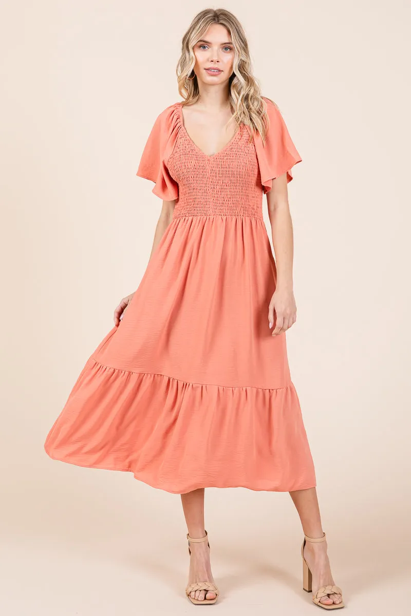 Smocked V Neck Flutter Sleeve Tiered Midi Dress