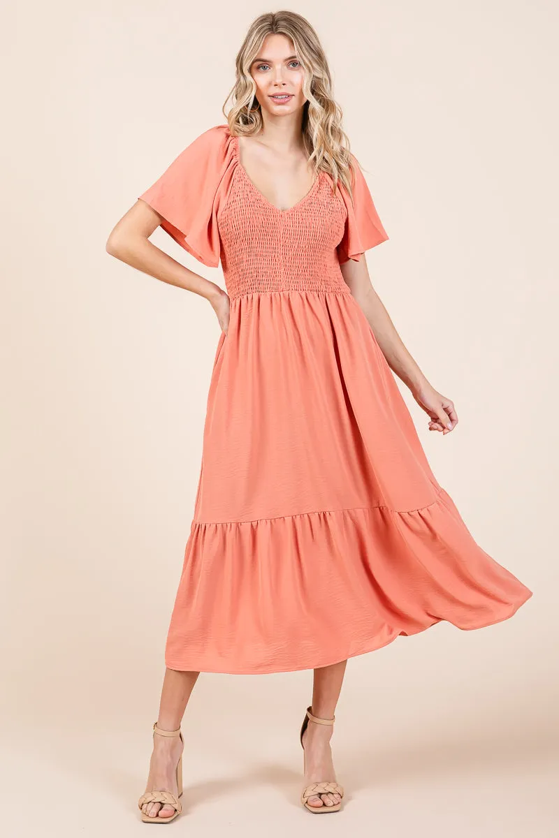 Smocked V Neck Flutter Sleeve Tiered Midi Dress