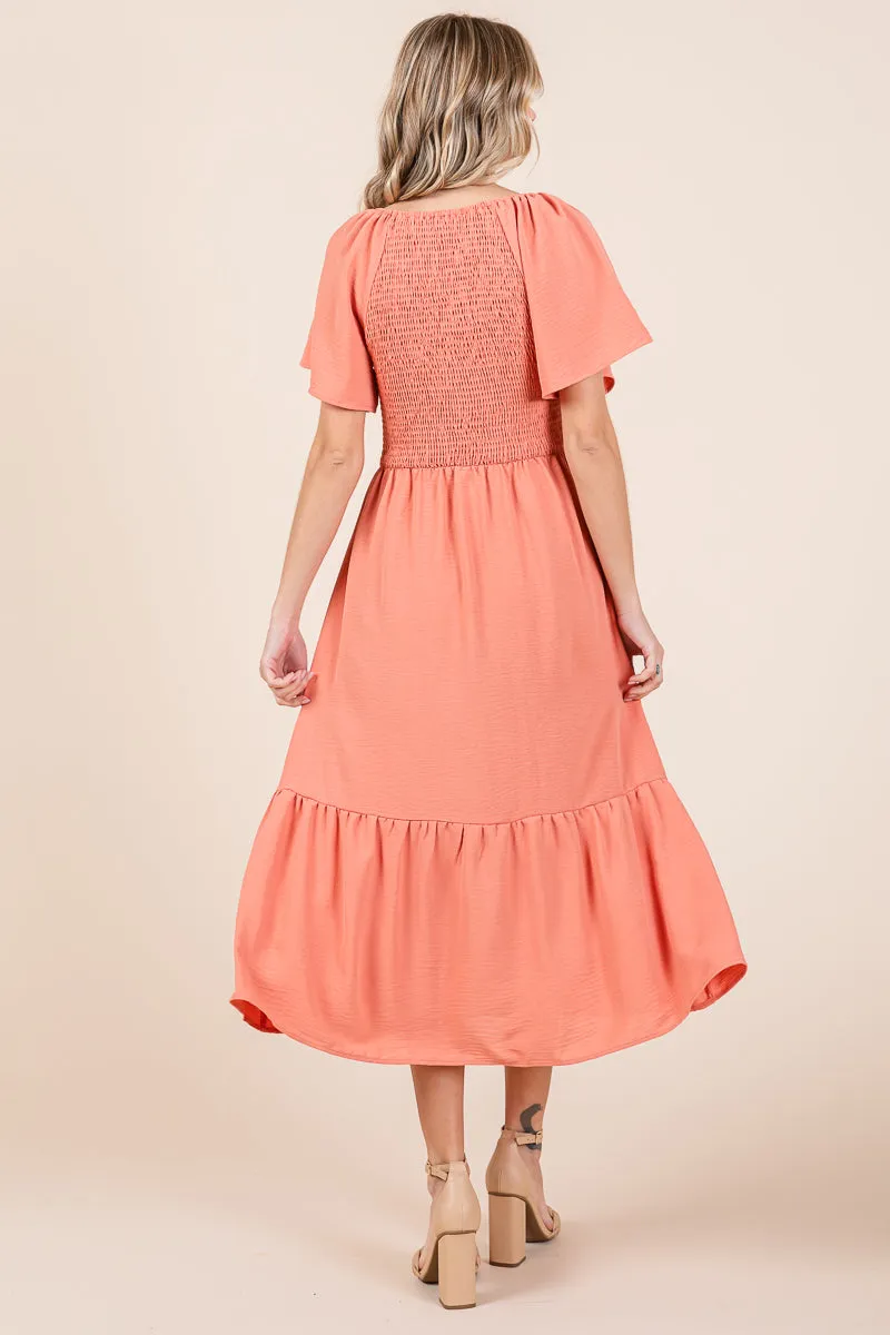 Smocked V Neck Flutter Sleeve Tiered Midi Dress