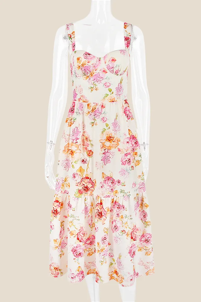 Square Neck Floral Print A-line Midi Dress