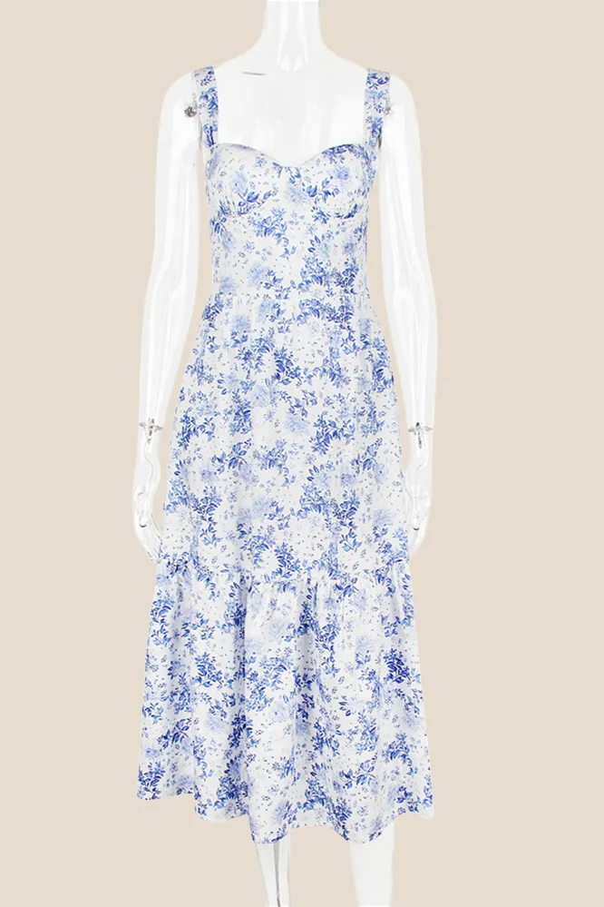 Square Neck Floral Print A-line Midi Dress