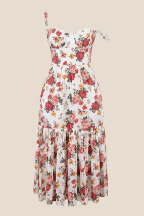 Square Neck Floral Print A-line Midi Dress