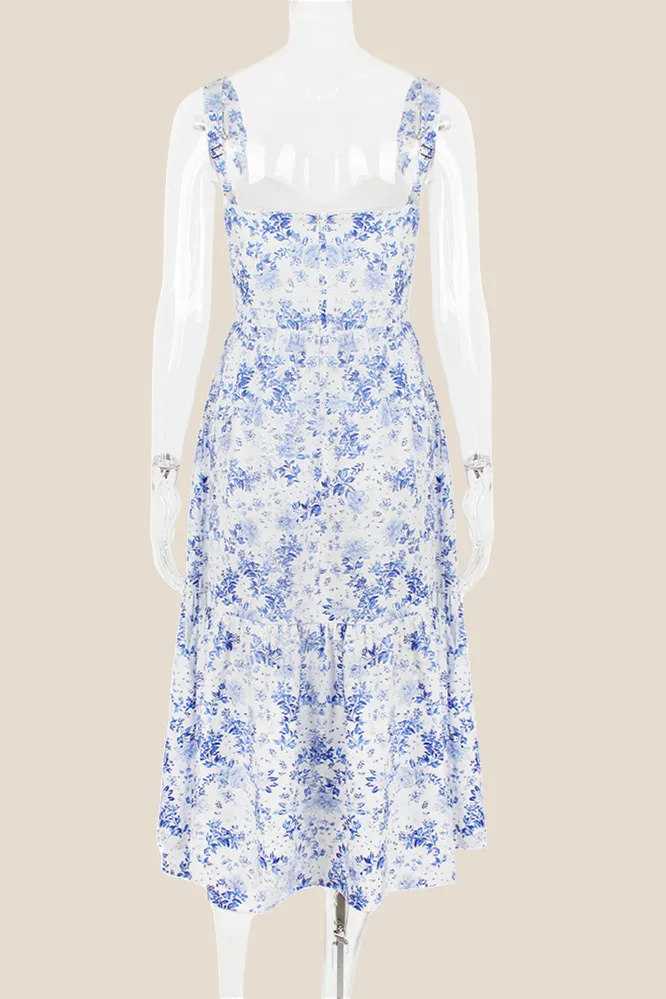 Square Neck Floral Print A-line Midi Dress