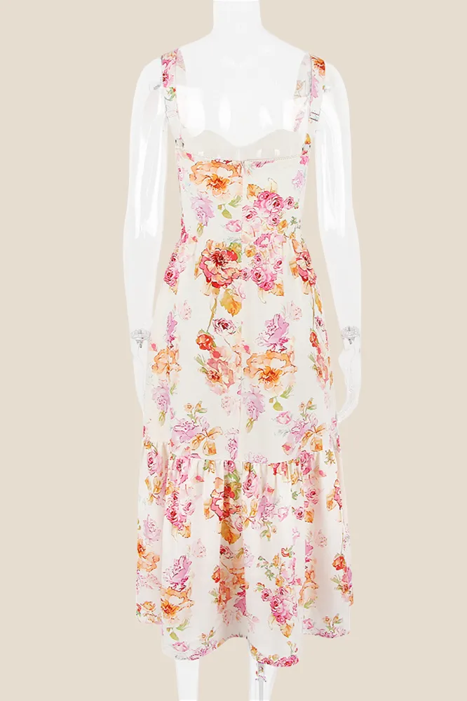 Square Neck Floral Print A-line Midi Dress