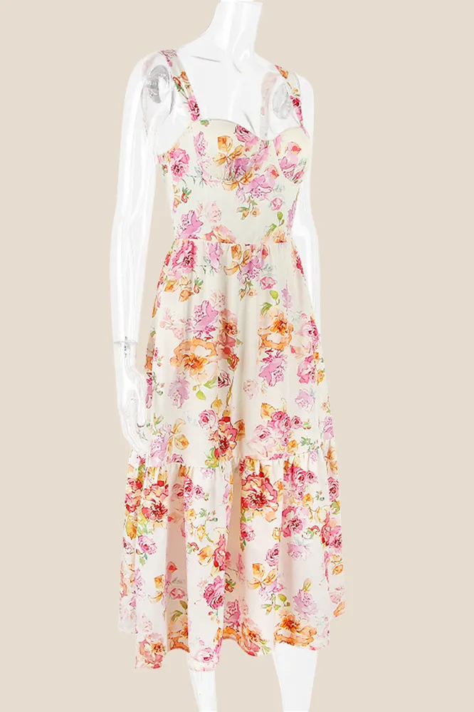 Square Neck Floral Print A-line Midi Dress