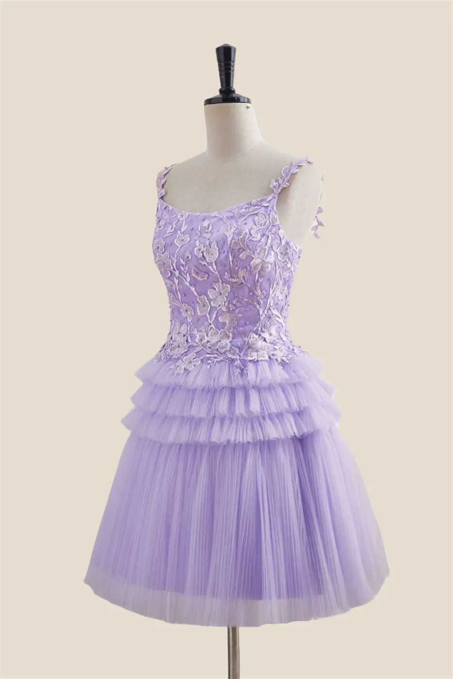 Straps Lavender Appliques Tiered Short Dress