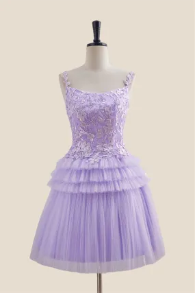 Straps Lavender Appliques Tiered Short Dress