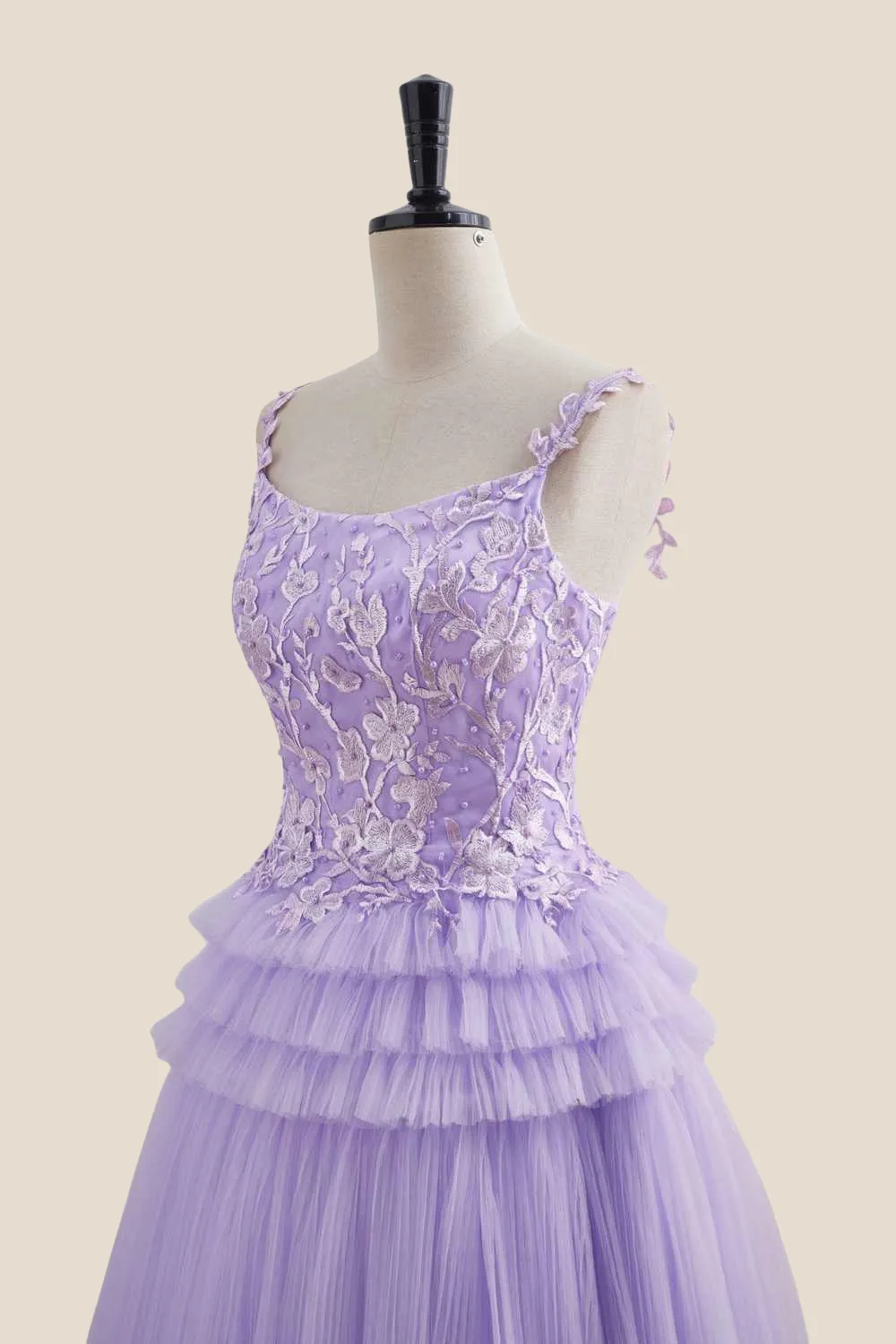 Straps Lavender Appliques Tiered Short Dress