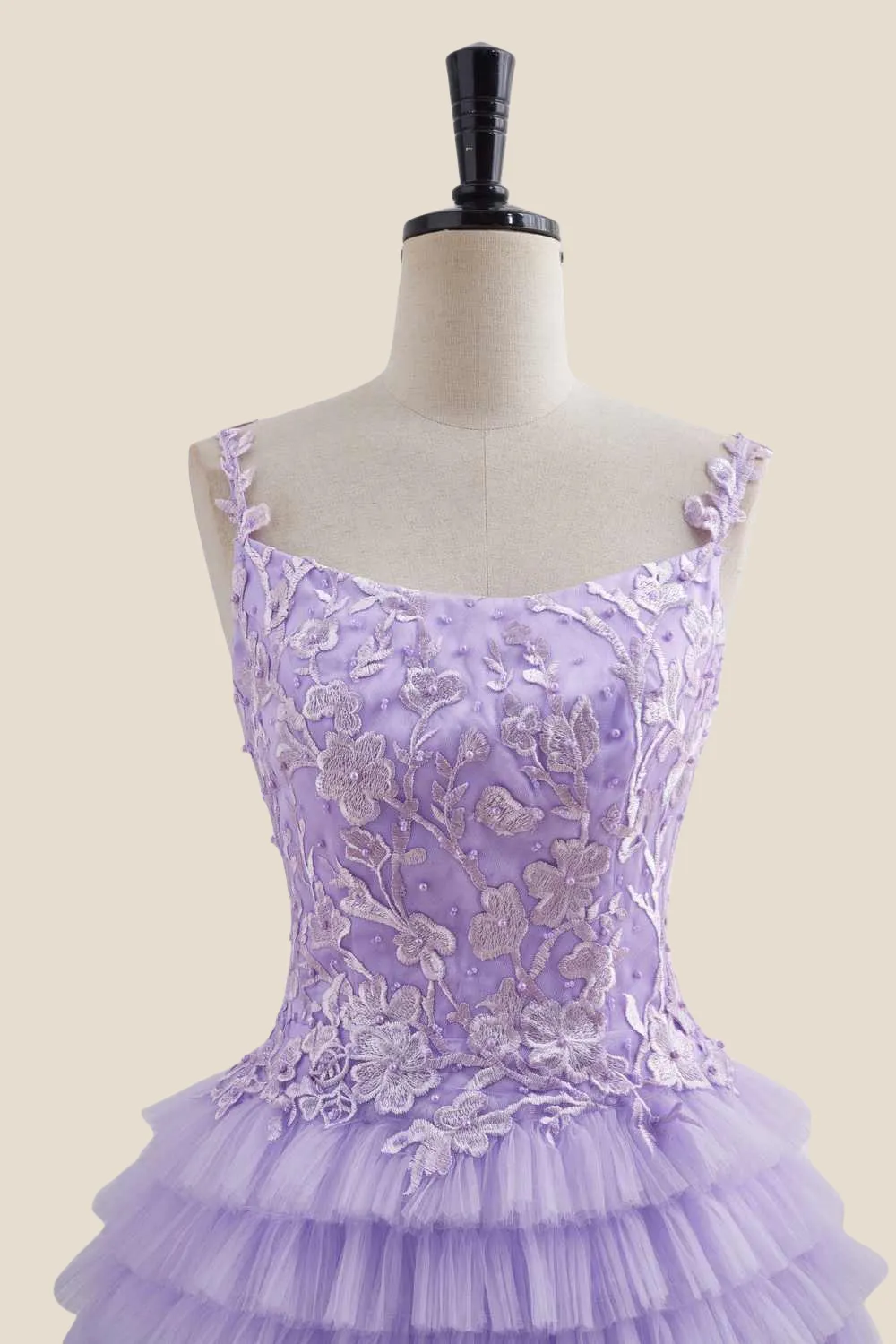 Straps Lavender Appliques Tiered Short Dress