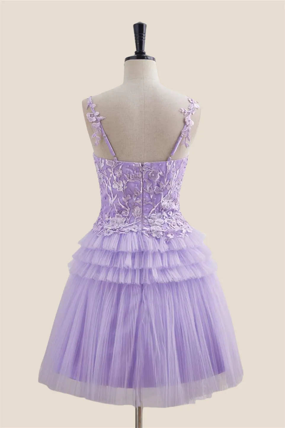 Straps Lavender Appliques Tiered Short Dress