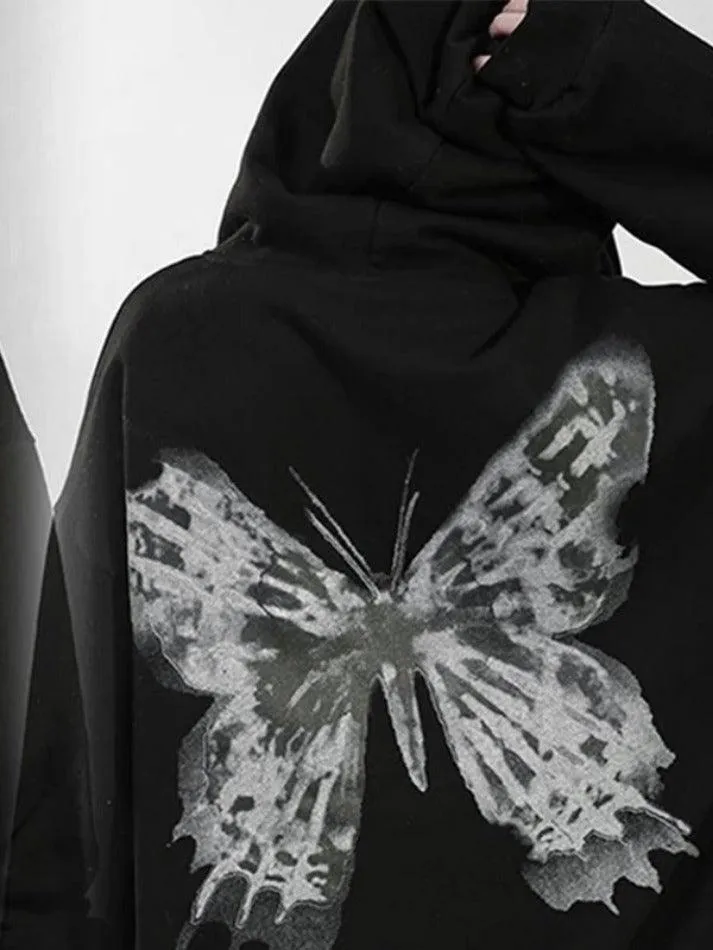 Street Butterfly Print Zip Up Oversized Hoodie