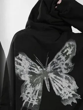 Street Butterfly Print Zip Up Oversized Hoodie