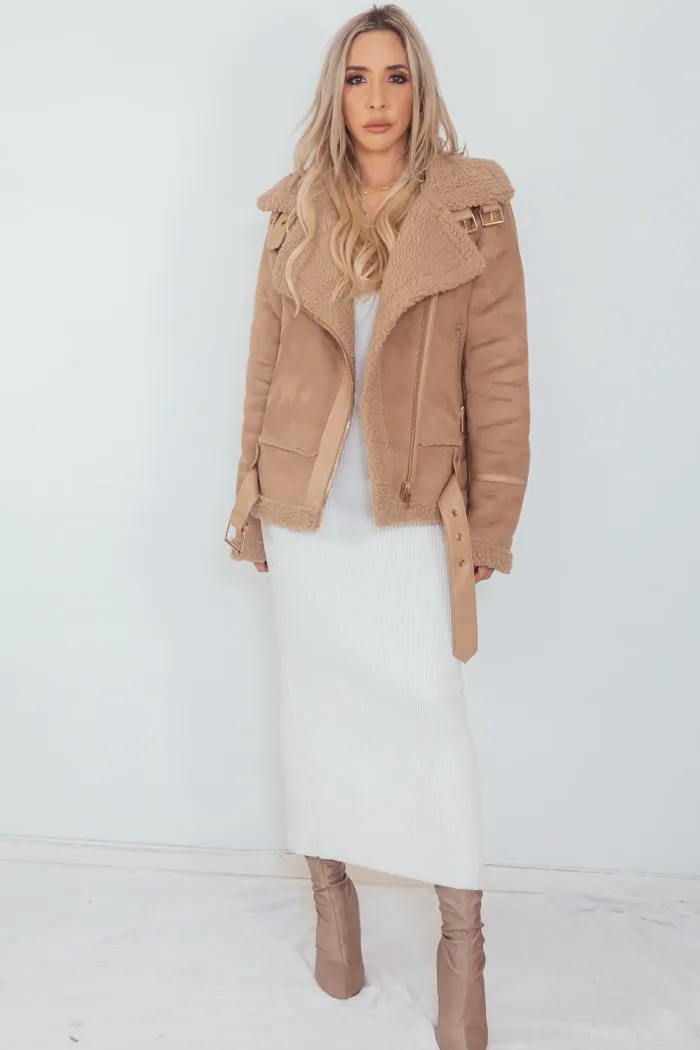 Suede Terry  Fur Coat - Camel