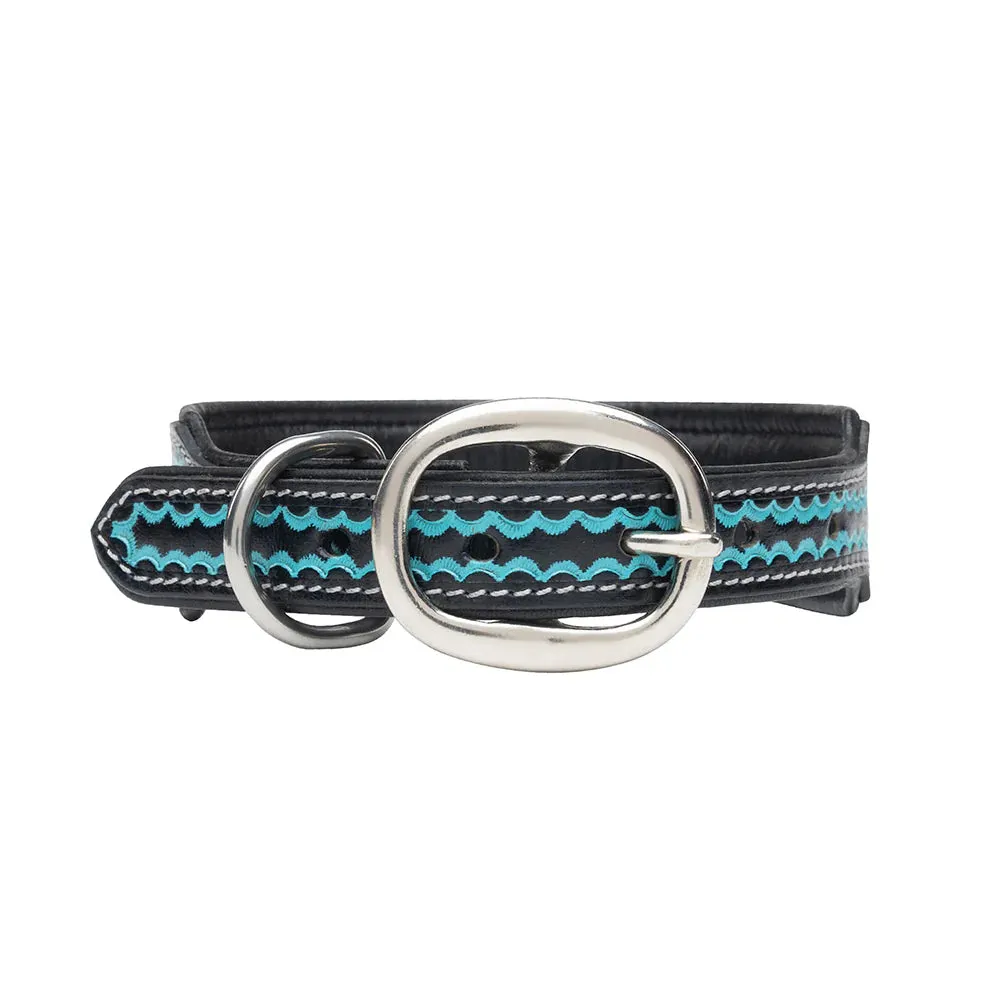 TEAL DAISY HAND-TOOLED PADDED LEATHER DOG COLLAR