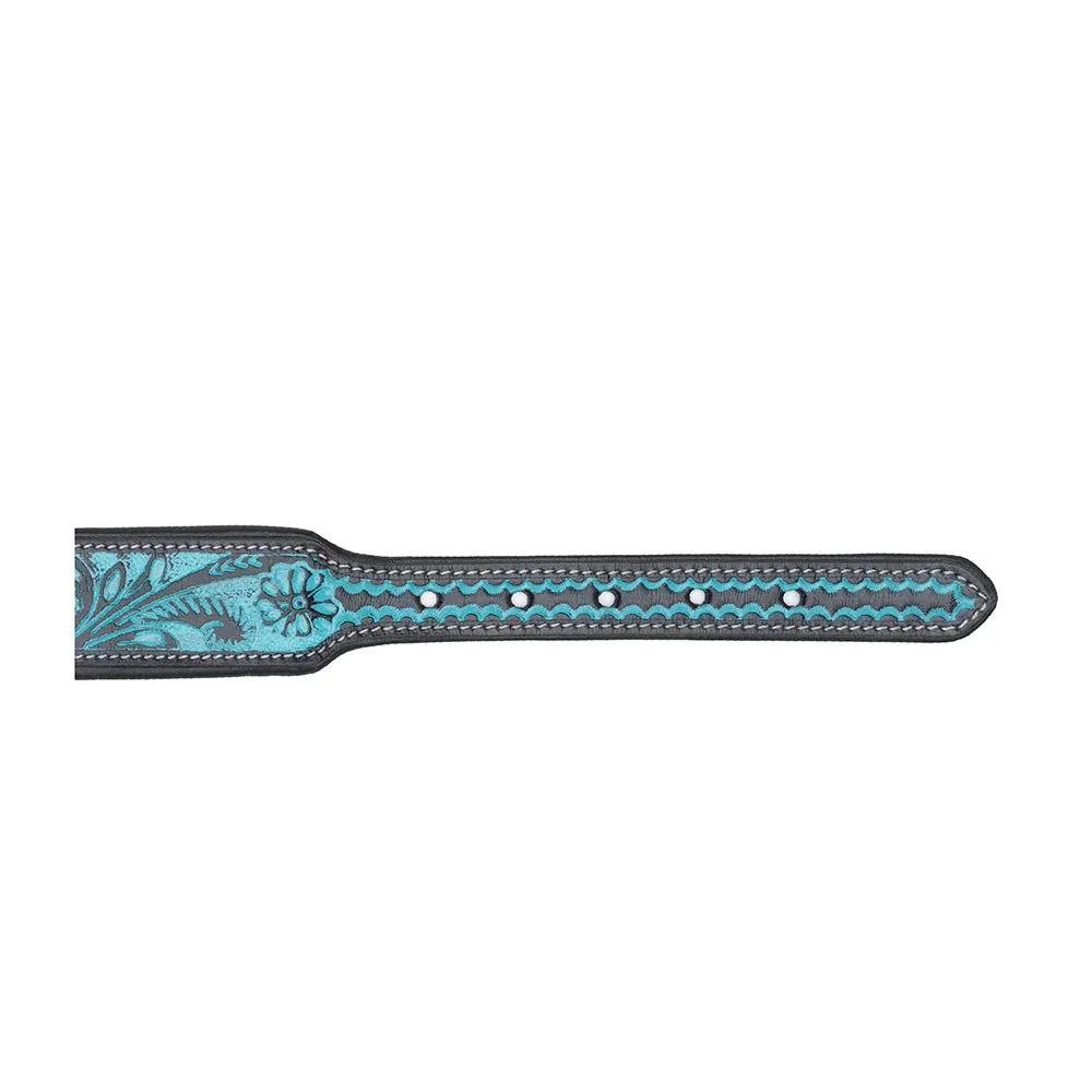 TEAL DAISY HAND-TOOLED PADDED LEATHER DOG COLLAR