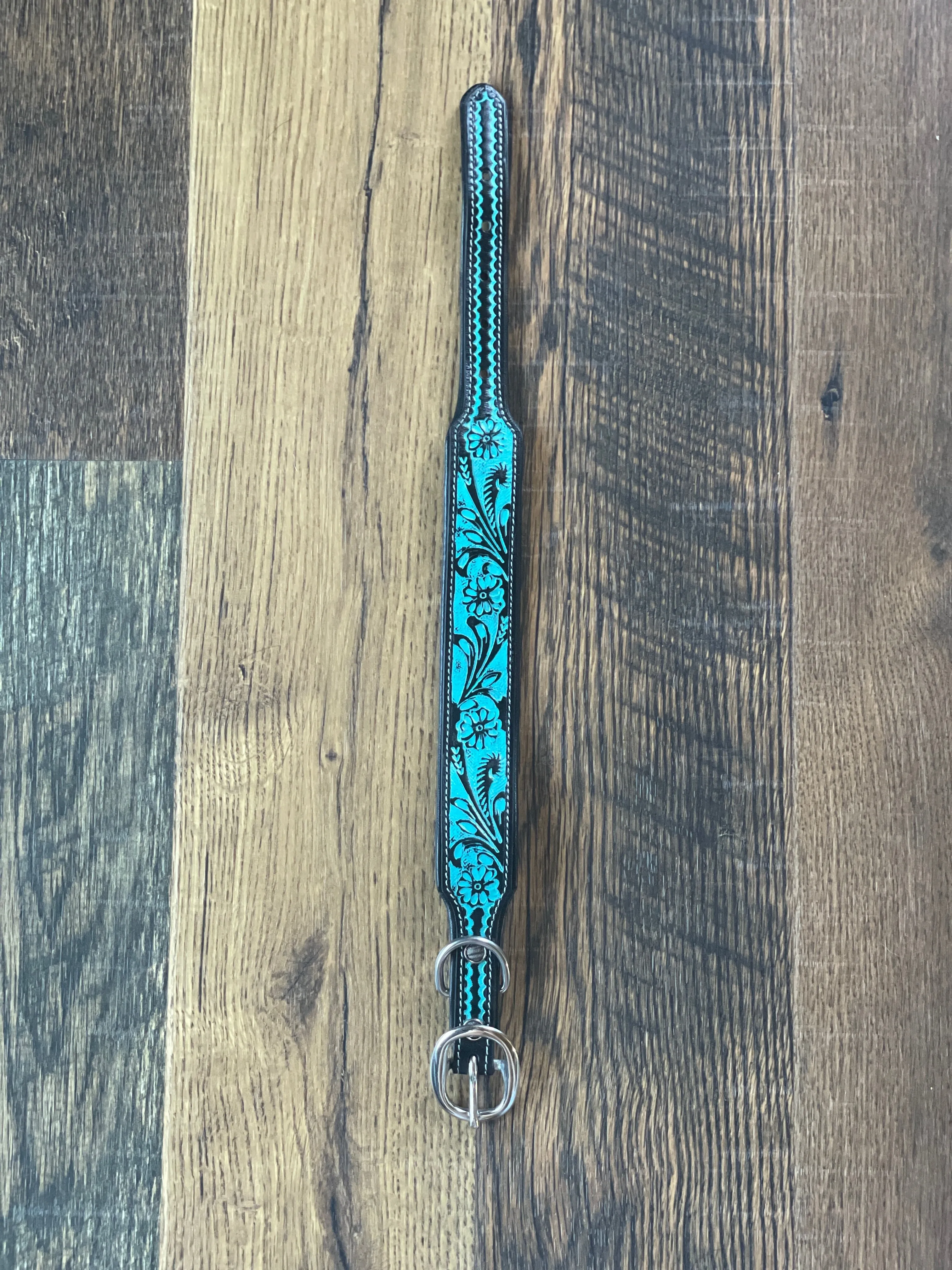 TEAL DAISY HAND-TOOLED PADDED LEATHER DOG COLLAR