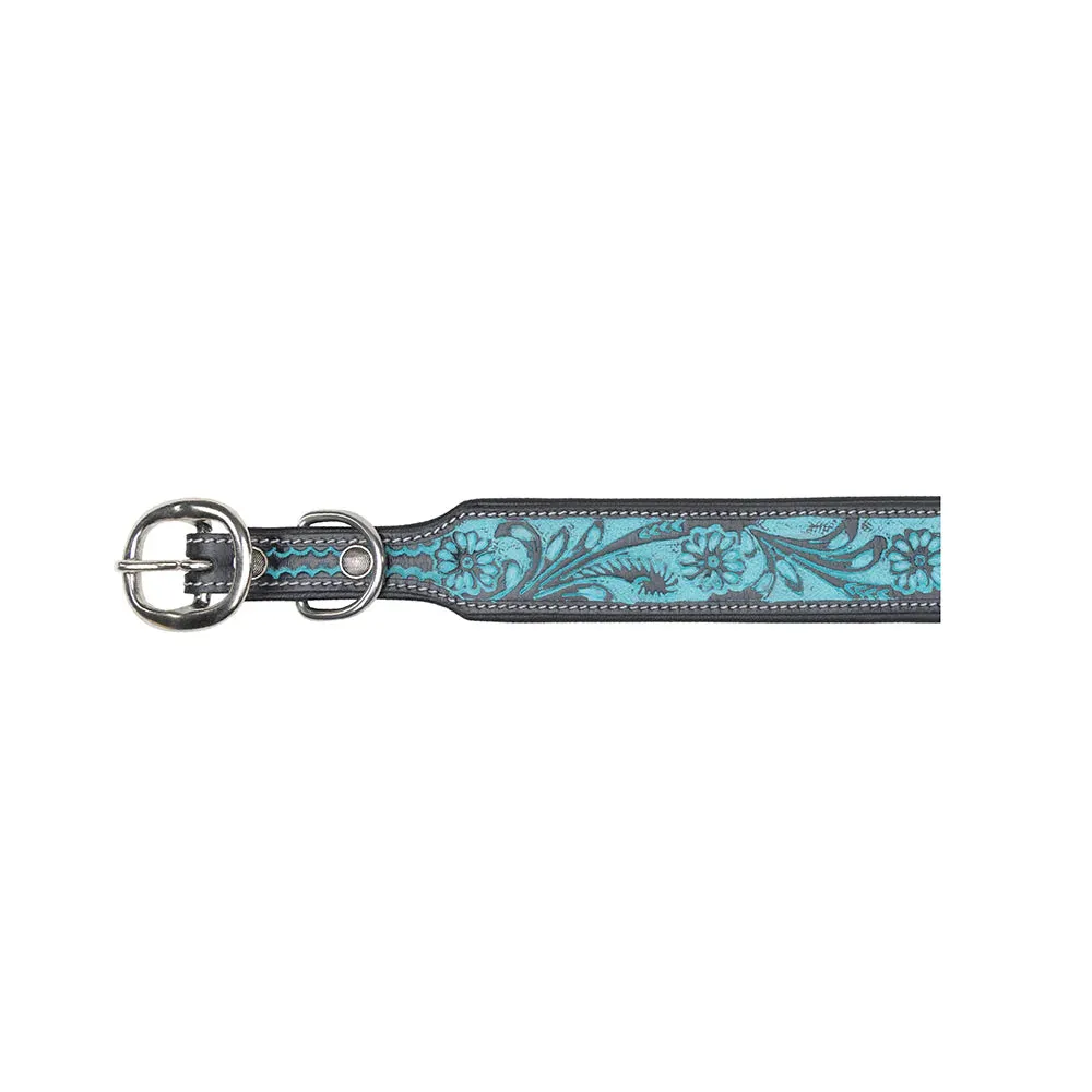 TEAL DAISY HAND-TOOLED PADDED LEATHER DOG COLLAR