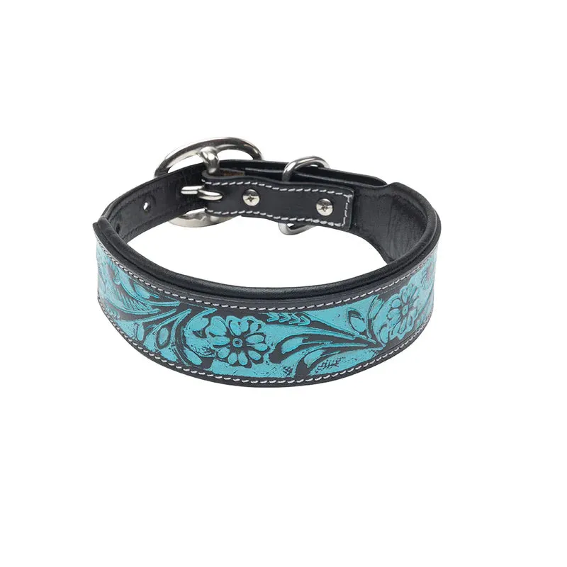 TEAL DAISY HAND-TOOLED PADDED LEATHER DOG COLLAR