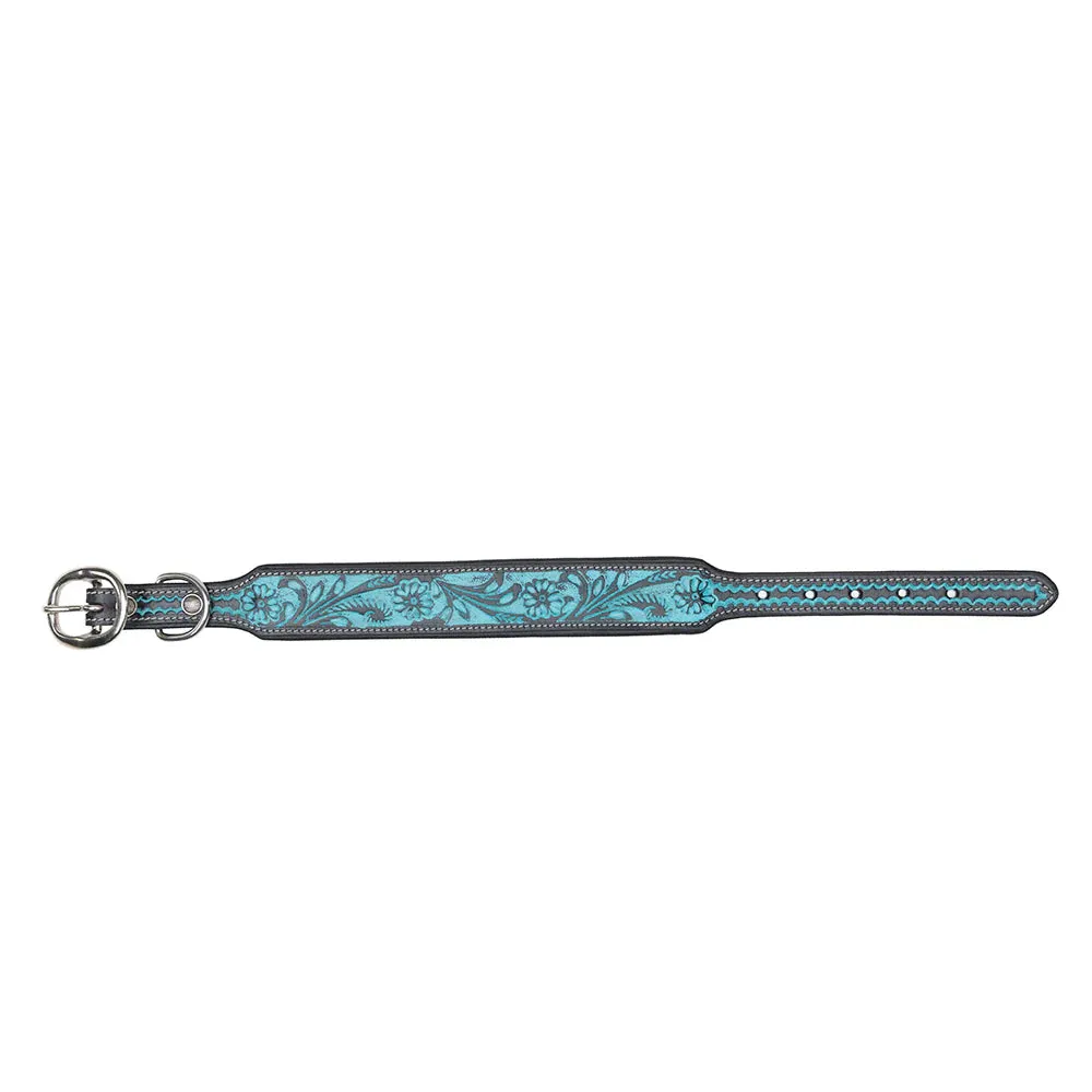 TEAL DAISY HAND-TOOLED PADDED LEATHER DOG COLLAR