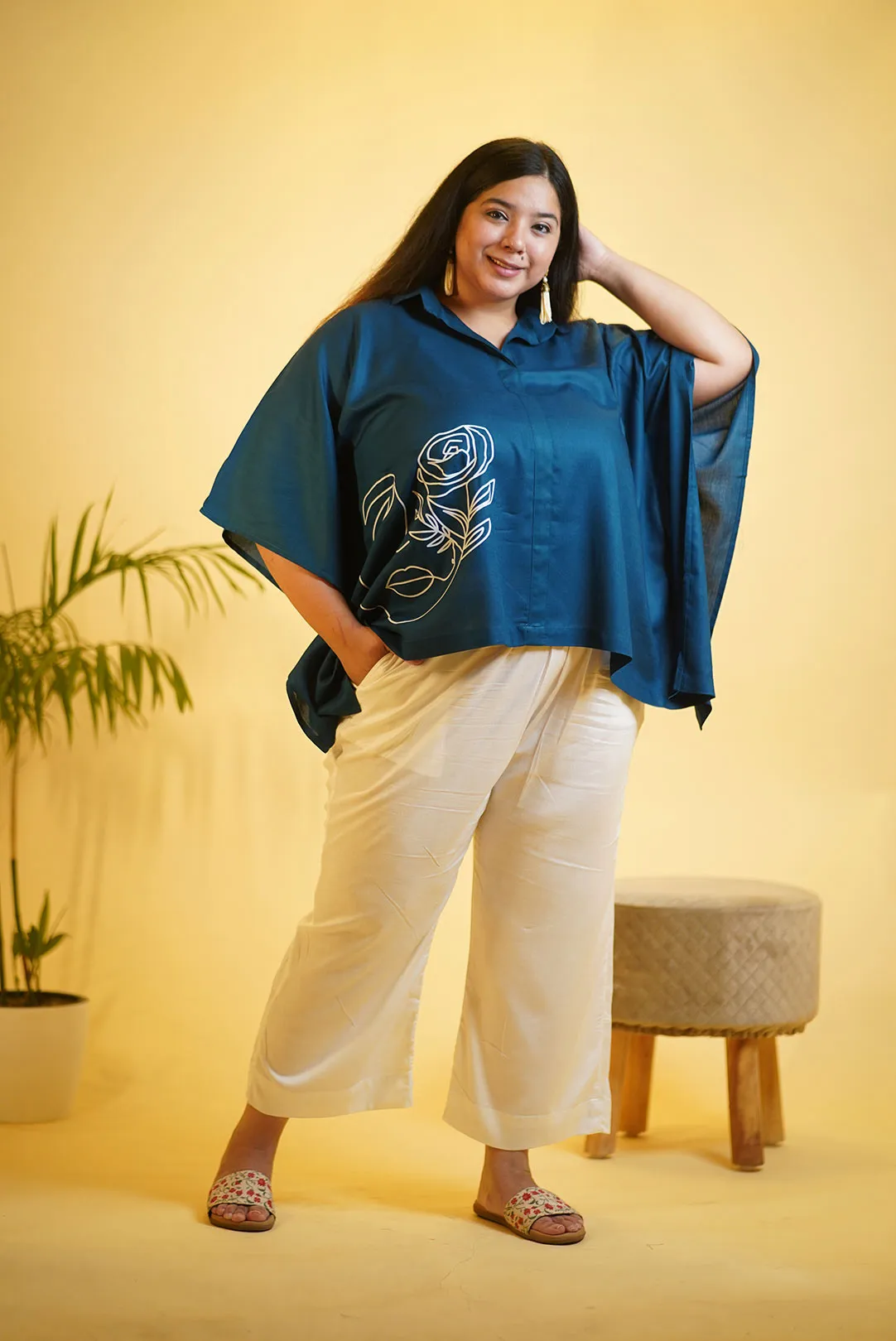 Teal Rayon KaftanTop & MilkyWhite Palazzo - Soul