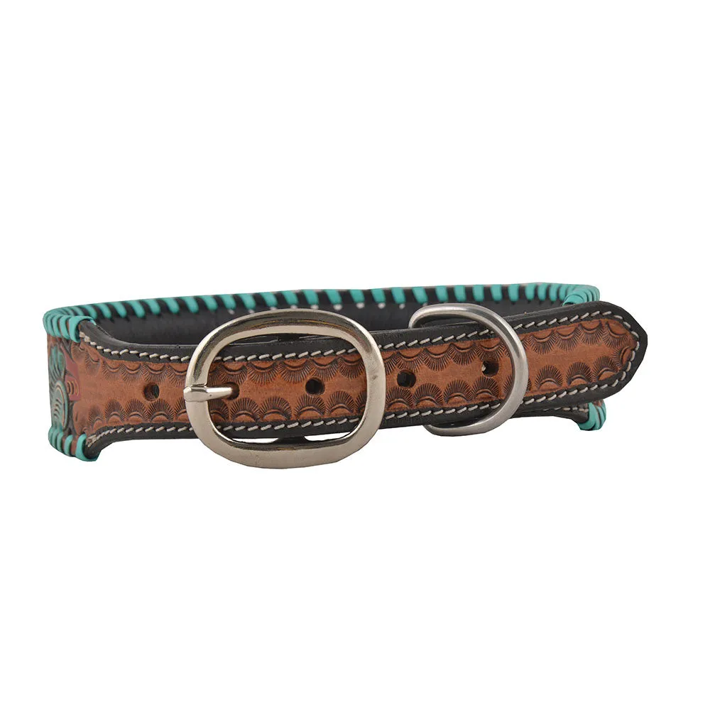 TEAL RED BLOOM HAND-TOOLED PADDED LEATHER DOG COLLAR WITH TEAL LACING