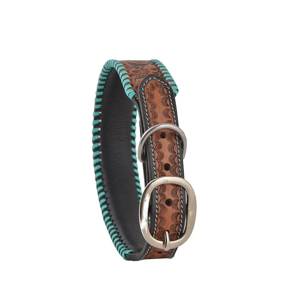 TEAL RED BLOOM HAND-TOOLED PADDED LEATHER DOG COLLAR WITH TEAL LACING