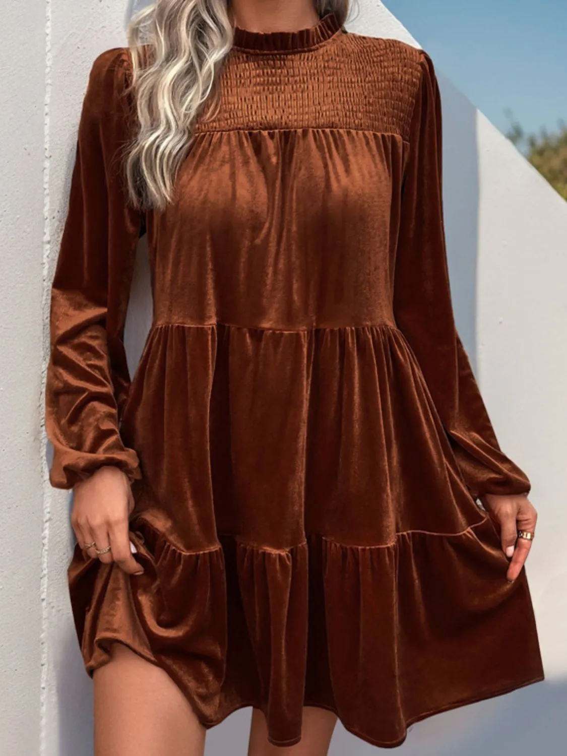 Tiered Ruched Mock Neck Long Sleeve Dress