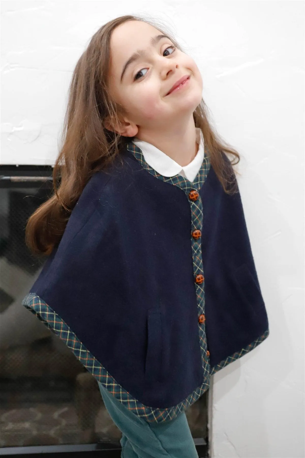 Toddler Girls Navy Flannel Plaid Trim Button Up Cape Coat /2-1-1