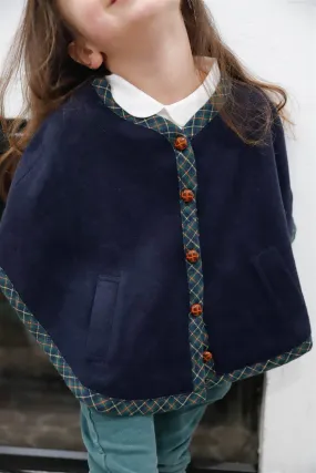 Toddler Girls Navy Flannel Plaid Trim Button Up Cape Coat /2-1-1