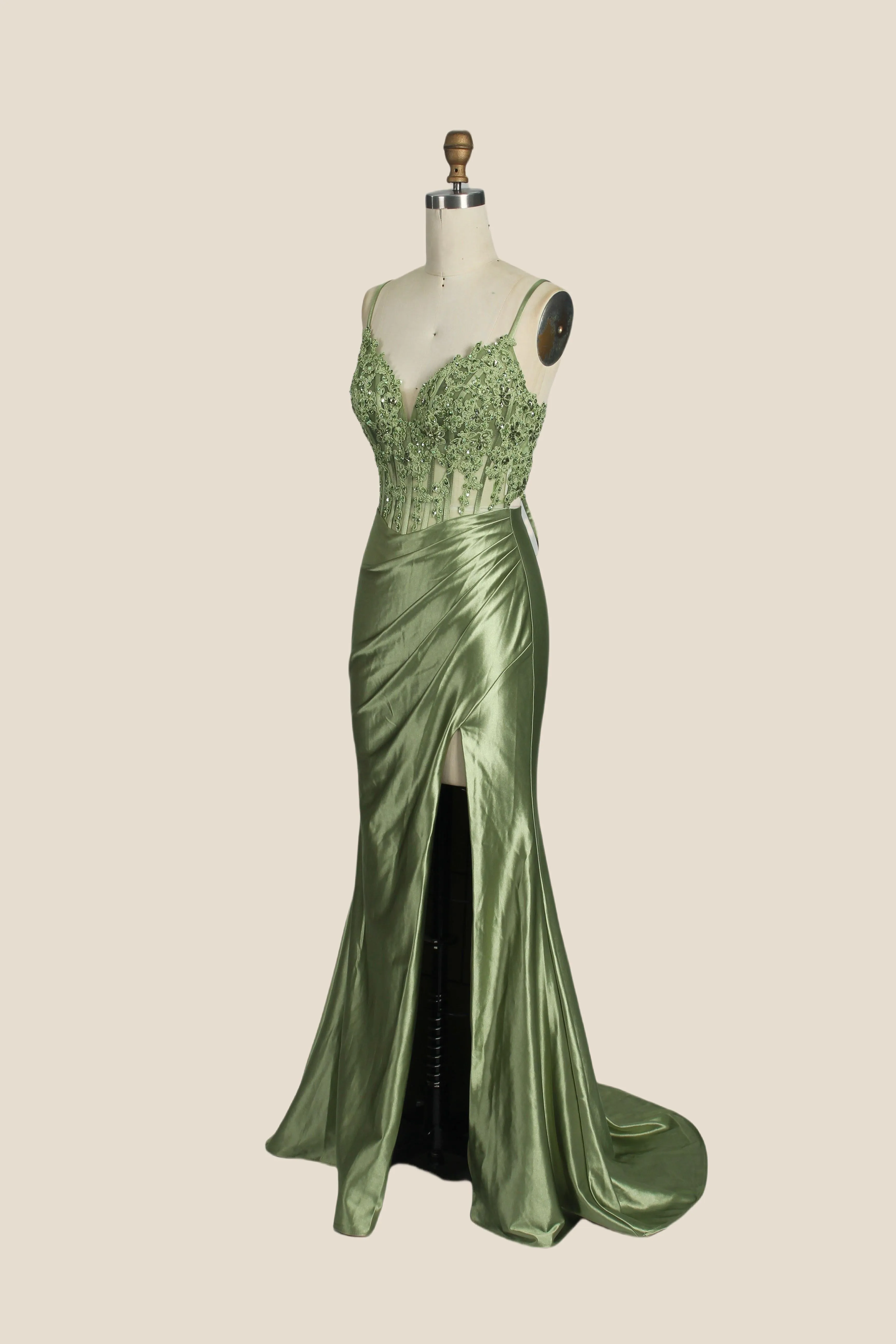 V-neck Sage Green Appliques Mermaid Long Dress