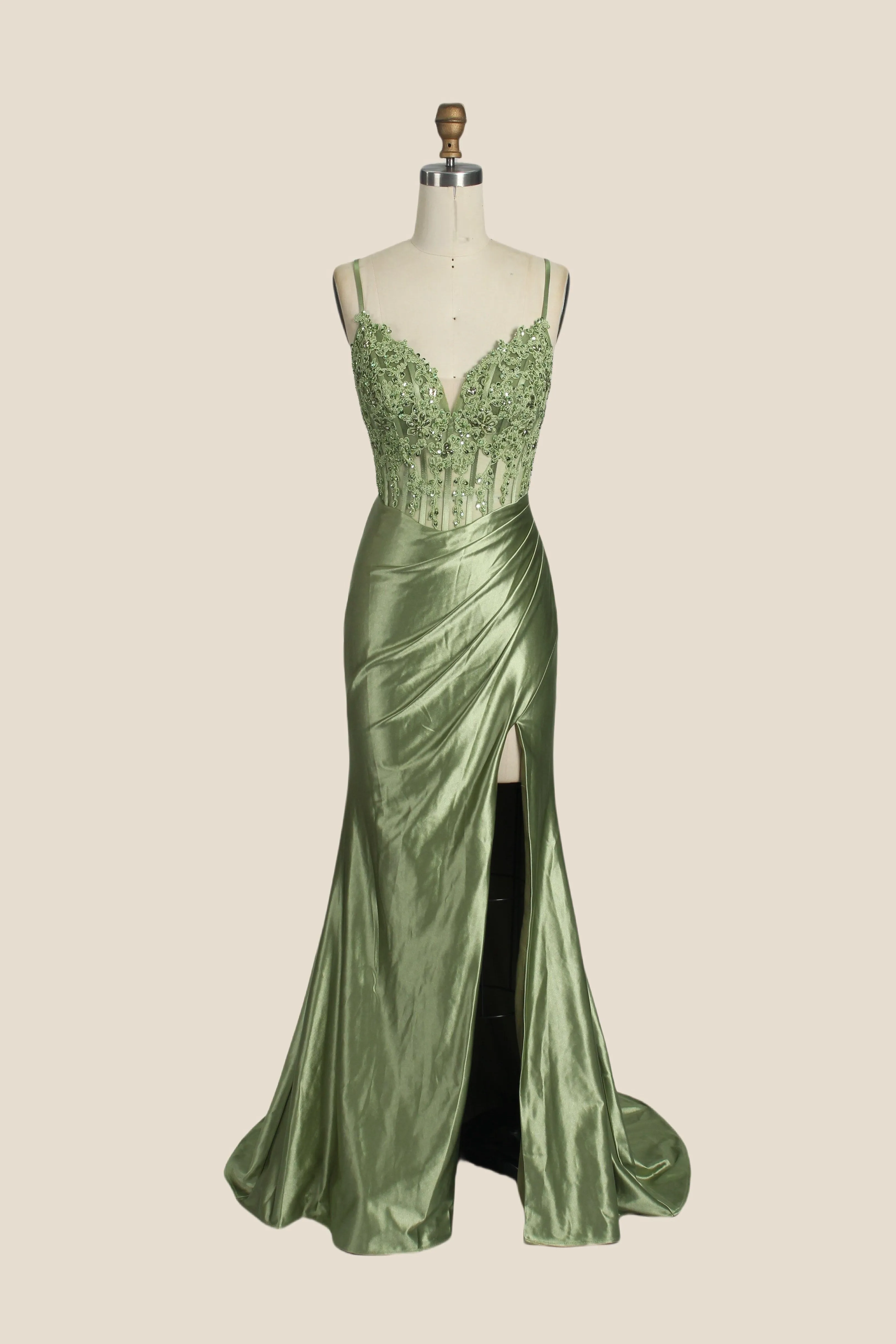 V-neck Sage Green Appliques Mermaid Long Dress