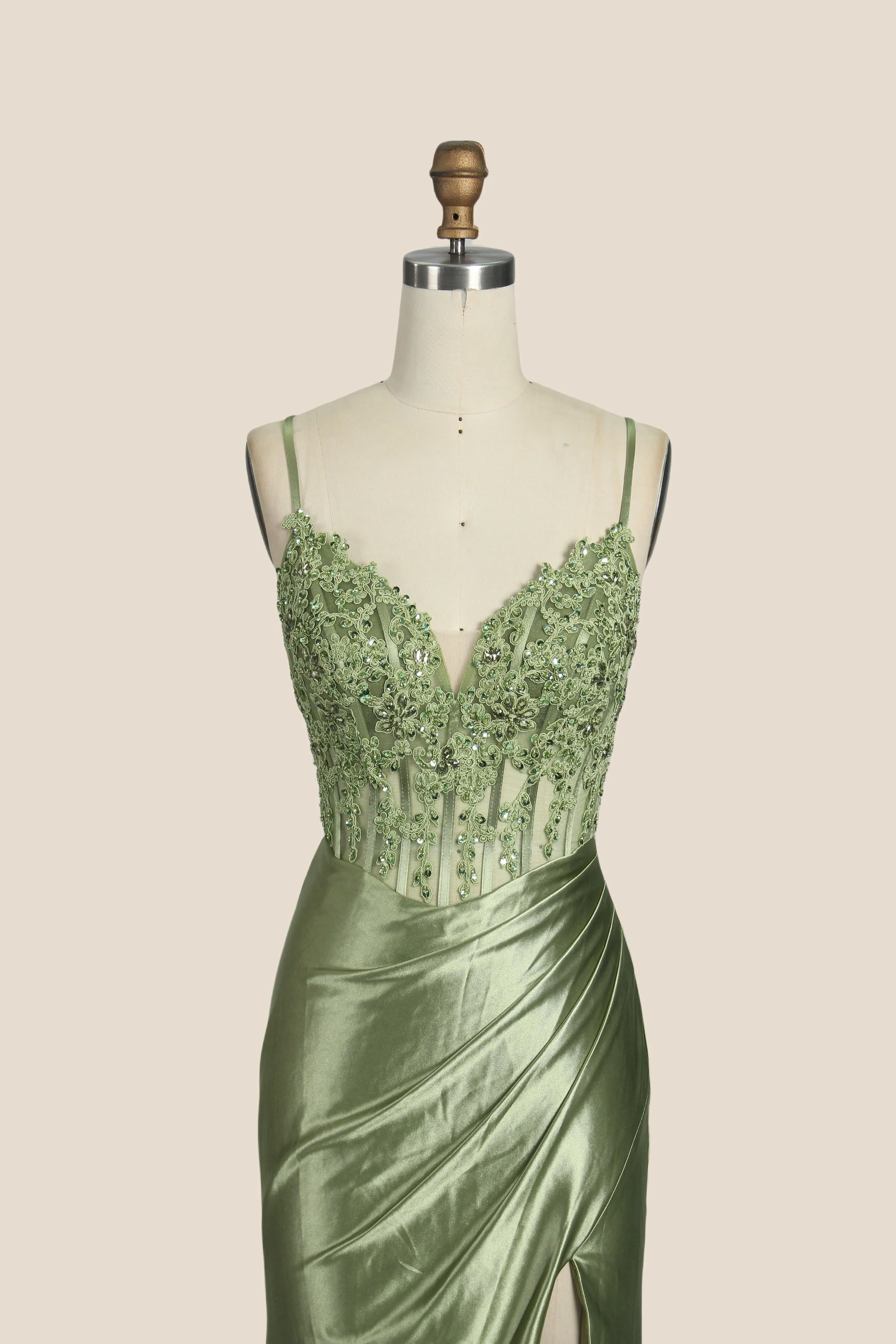 V-neck Sage Green Appliques Mermaid Long Dress