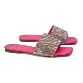 Vanity Flat Diamante Gem Crystal Sandals with a Square Toe in Fuchsia