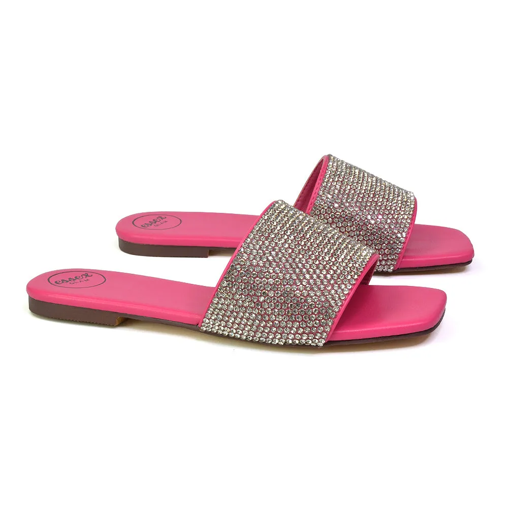 Vanity Flat Diamante Gem Crystal Sandals with a Square Toe in Fuchsia