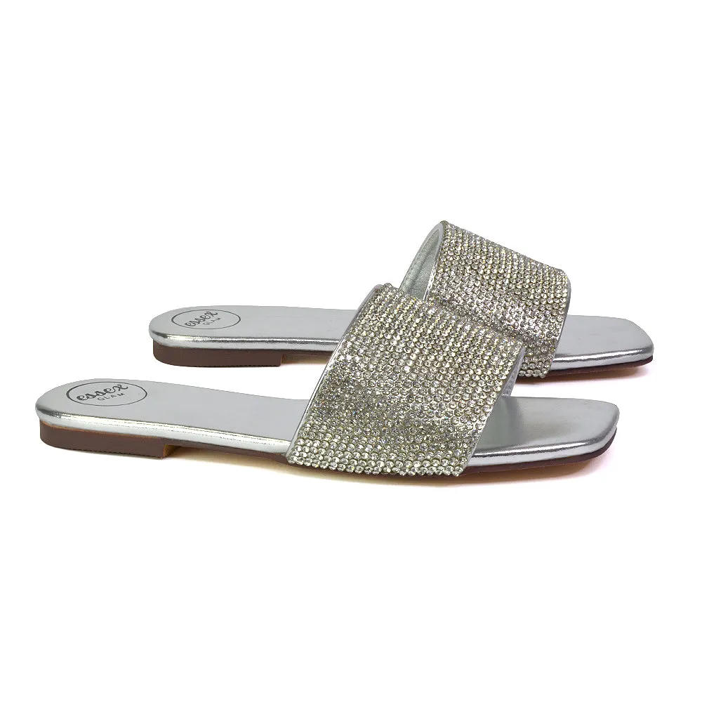 Vanity Flat Diamante Gem Crystal Sandals with a Square Toe in Fuchsia