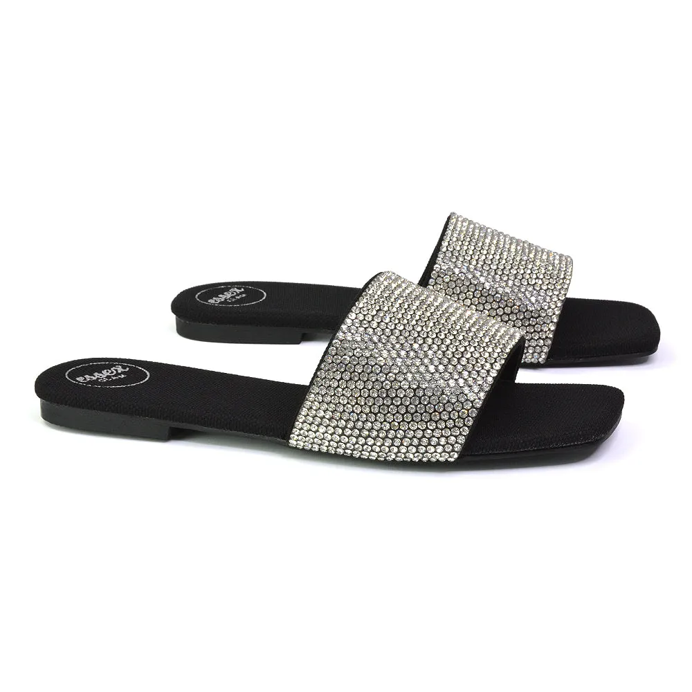 Vanity Flat Diamante Gem Crystal Sandals with a Square Toe in Fuchsia