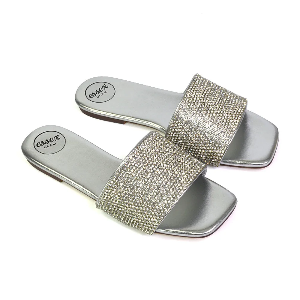 Vanity Flat Diamante Gem Crystal Sandals with a Square Toe in Fuchsia