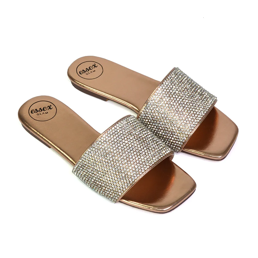 Vanity Flat Diamante Gem Crystal Sandals with a Square Toe in Fuchsia