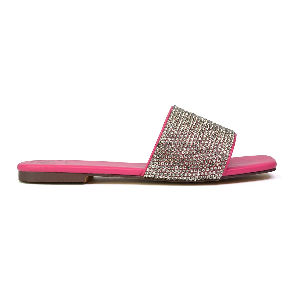 Vanity Flat Diamante Gem Crystal Sandals with a Square Toe in Fuchsia