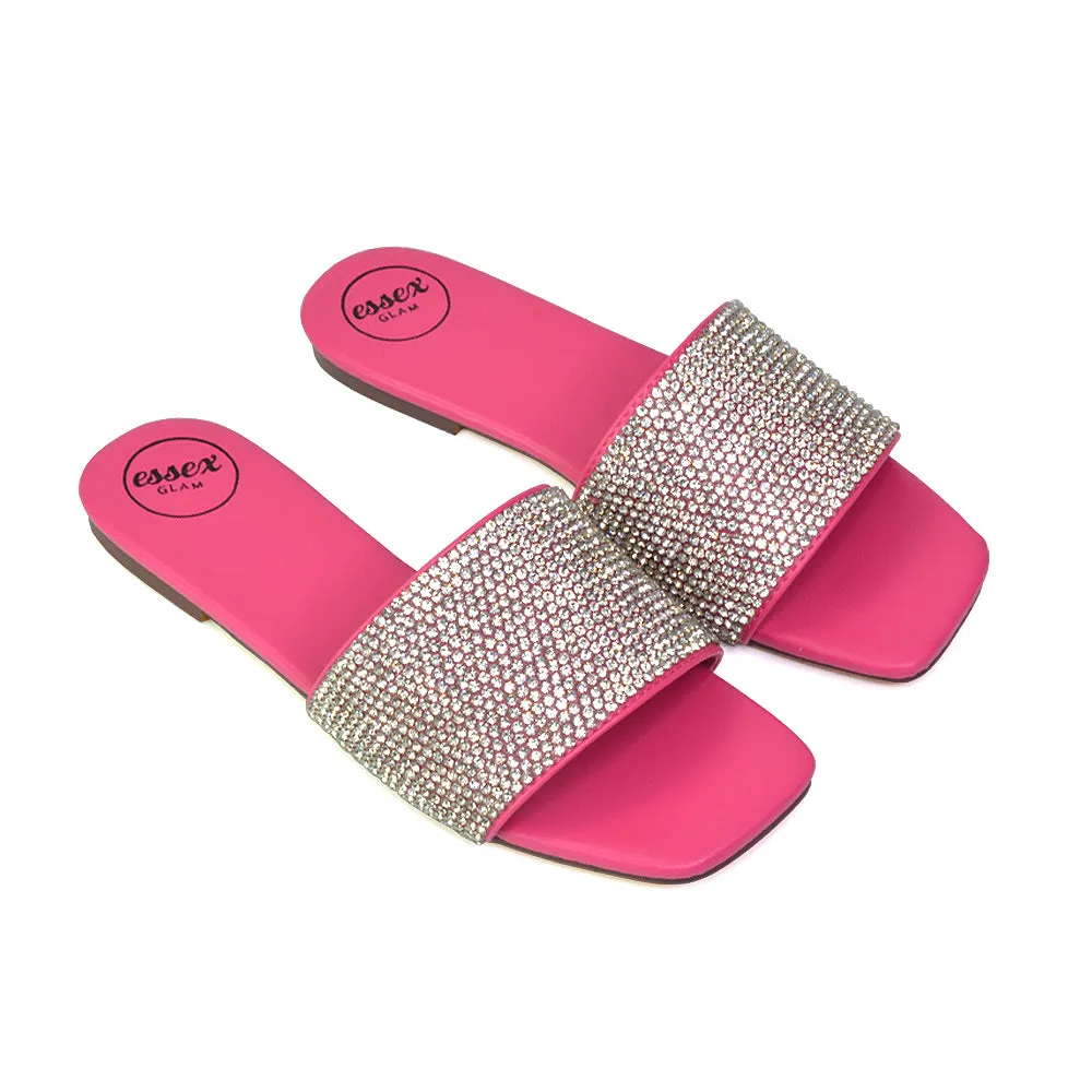 Vanity Flat Diamante Gem Crystal Sandals with a Square Toe in Fuchsia